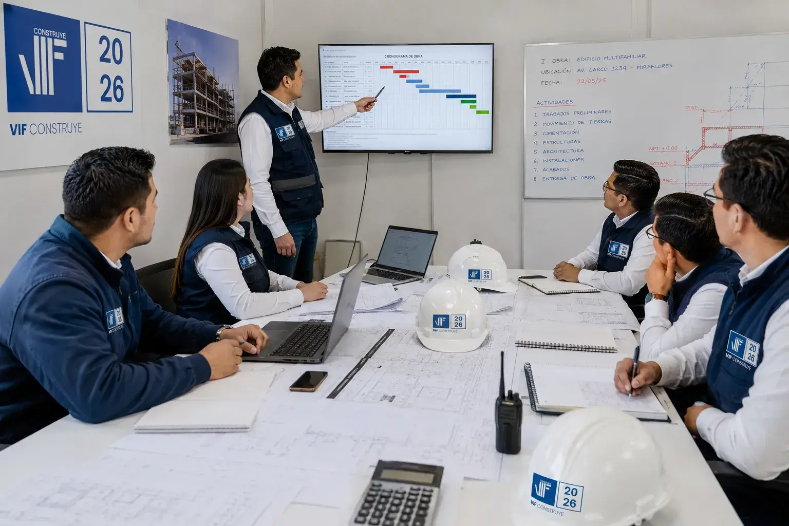 Ingenieros de VIF Construye revisando planos